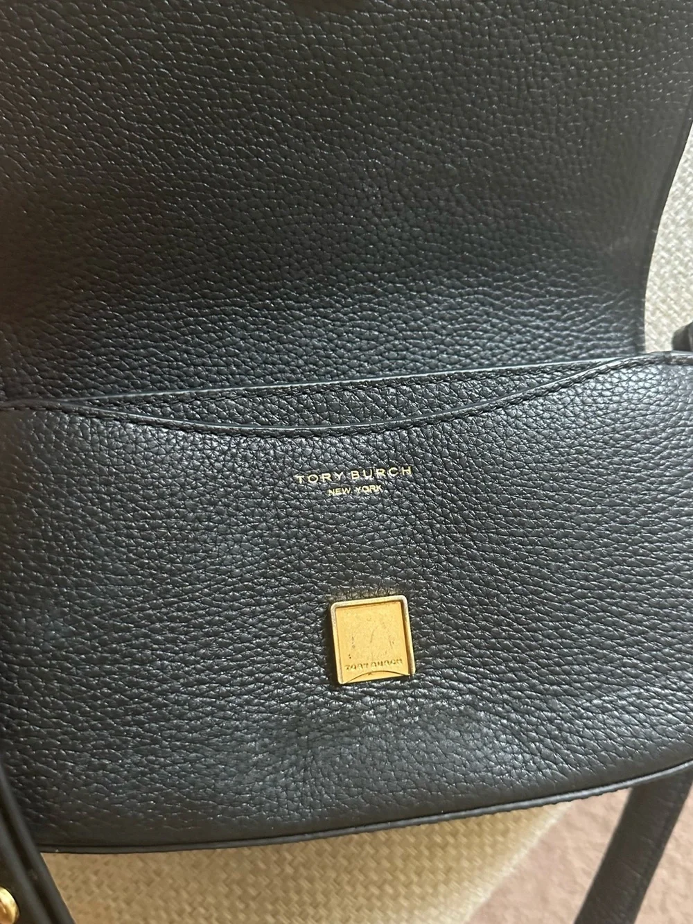 Tory Burch Black Pebbled Leather Shoulder Bag with Gold Logo